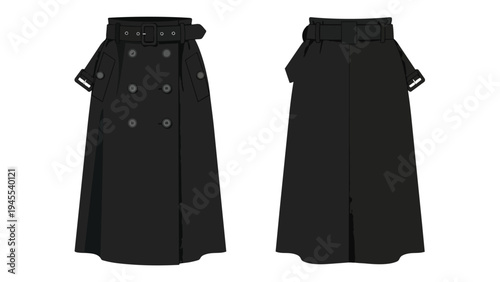 Classic black double-breasted trench coat design with belted waist, front and back views