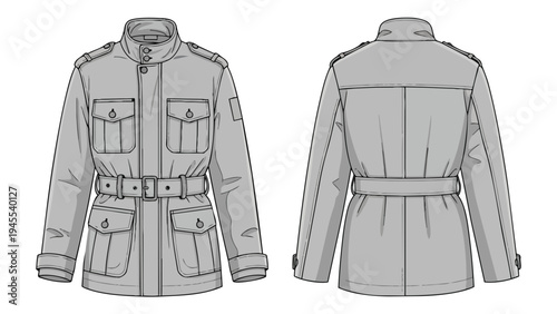 Men's gray field jacket flat sketch. Front and back views, stand collar, epaulets, four flap pockets, belted waist. Fashion design apparel patterns