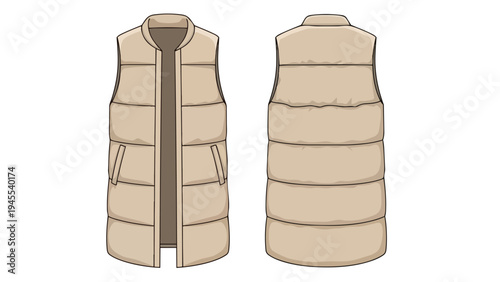 Detailed technical illustration of a versatile beige puffer vest, showcasing front and back views for fashion design and apparel prototyping, a