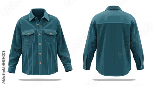 Stylish teal corduroy overshirt presenting front and back views for fashion design and apparel mockups