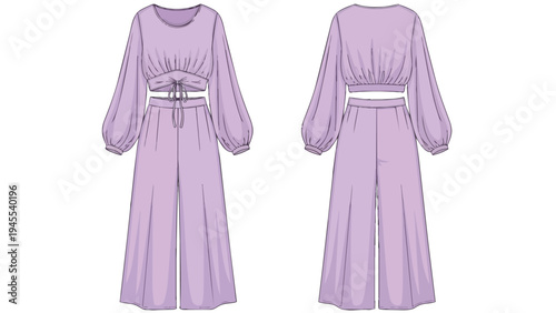 A contemporary lavender two-piece flat sketch. Features a stylish long-sleeved crop top with gathered details and a tie-front, paired with
