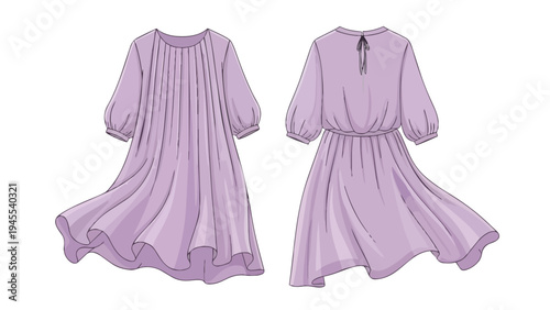 Stylish lavender relaxed fit dress technical sketch showcasing front pintucks and a tie-back detail.