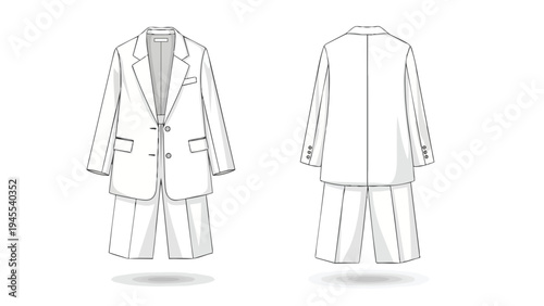 Stylish women's blazer and shorts fashion flat sketch depicting front and back views for contemporary apparel design