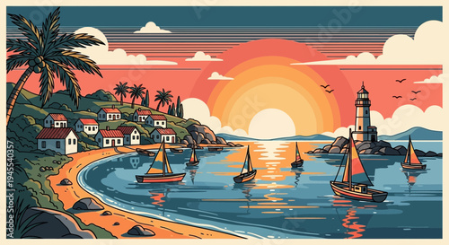 Pixel Art Coastal Village at Sunset with Sailboats and Lighthouse