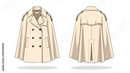 Fashionable beige double-breasted cape coat detailed vector illustration showcasing front and back views perfect for apparel design illustrating an