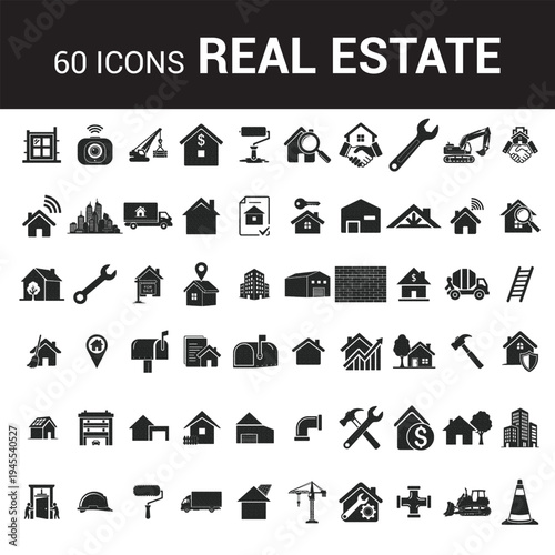 Real Estate and Property Black Glyph Icon Set Including House, Apartment, Construction Tools, Home Location, Building, Property Investment and Real Estate Business Symbols – 60 Real Estate Icons Colle
