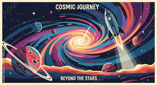 Cosmic Journey Beyond the Stars: Retro Rocket Ship Flying Through Swirling Galaxy and Planets