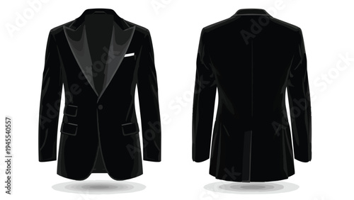 A sophisticated black tuxedo jacket illustration, showcasing both front and rear perspectives with precise tailoring and elegant design features for