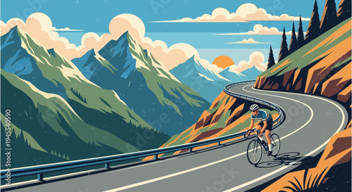 Cyclist Ascends Scenic Mountain Road During Golden Hour