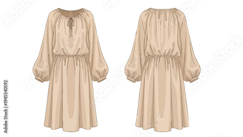 Charming bohemian inspired midi dress featuring elegant long puff sleeves and a comfortable gathered waistline a versatile fashion piece perfect for