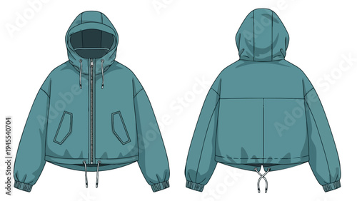 Contemporary hooded bomber jacket flat sketch, front and back views in teal