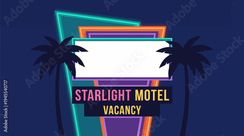 Retro neon motel sign with palm trees and starlight motel vacancy text
