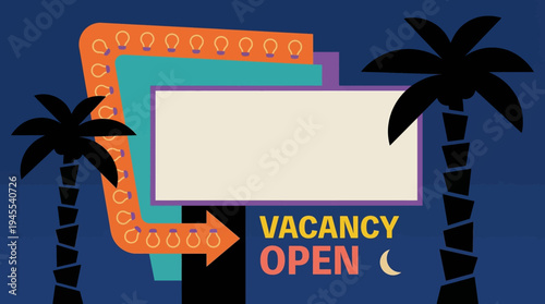 Retro vintage neon arrow signboard with vacancy open text and palm trees