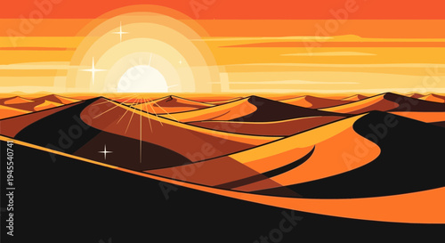 Stylized Desert Dunes at Sunset with Radiant Sun and Stars