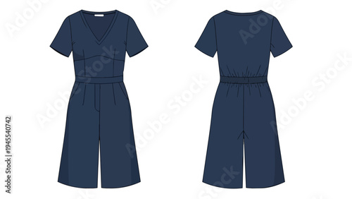 Technical fashion flat illustration of a navy blue women's short-sleeve V-neck jumpsuit with wide cropped legs in front and back for clothing design