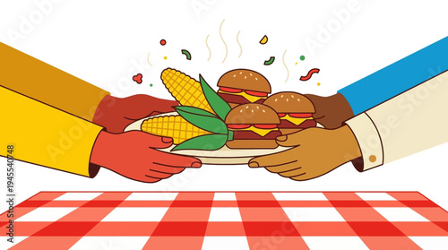 Diverse hands sharing plate of hamburgers and corn at summer barbecue picnic