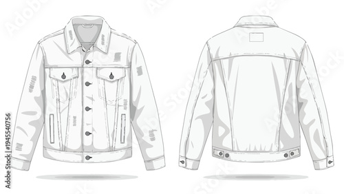 Modern white distressed denim jacket technical flat sketch, presenting detailed front and back views. This fashion illustration highlights