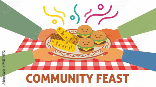 Community feast concept with hands sharing plate of cute kawaii smiling burgers and corn