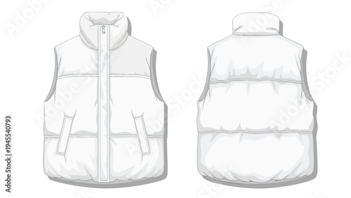 White Puffer Vest Technical Fashion Flat Sketch Illustration for Apparel Design Development