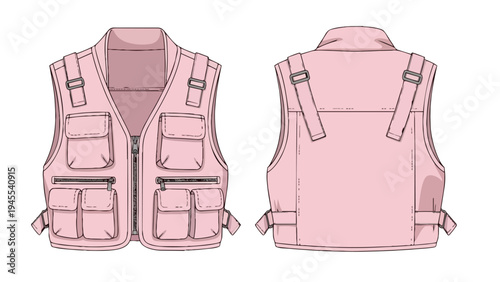 Technical drawing of a light pink utility vest, showcasing its multi-pocket front and adjustable shoulder straps. Front and back views for garment