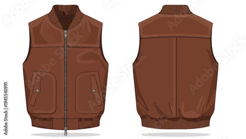 Sleek brown sleeveless vest, presented in clear vector art showcasing front and back. Featuring a functional zipper and practical pockets, ideal for