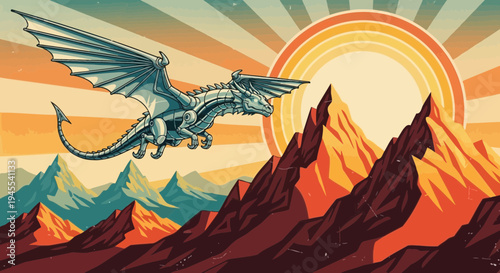 Majestic Silver Dragon Flying Over Rugged Mountains at Sunset with Retro Sun Rays