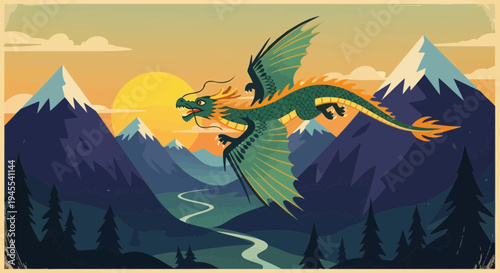 Majestic Green Dragon Flying Over Snowy Mountains at Sunset