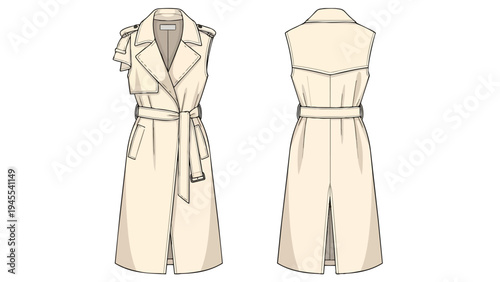 Elegant sleeveless trench coat flat sketch displaying front and back views a detailed technical fashion drawing perfect for garment production and