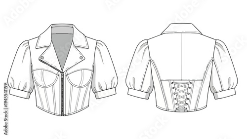 Cropped top with moto collar and corset design, featuring puffed sleeves and laced back, a detailed technical flat for fashion illustration and