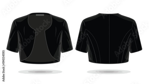 Elegant black bolero jacket vector graphic, front and back view, ideal for versatile fashion design and apparel mockups, stylish short-sleeved