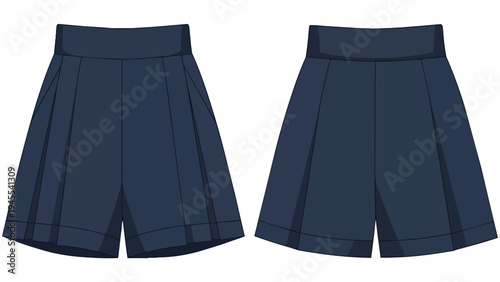 Detailed technical illustration of classic navy blue pleated culottes showcasing both front and back views for fashion design and apparel pattern