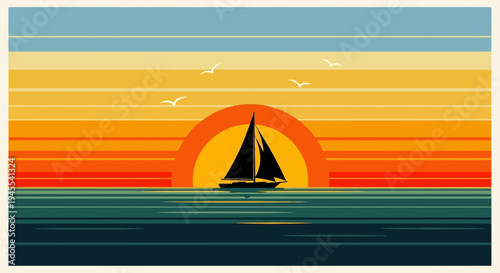 Sailboat on calm sea at sunset with seagulls flying, retro style