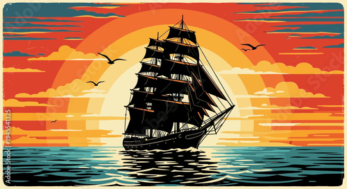 Majestic Tall Ship Sailing on Calm Sea at Vibrant Sunset, Vintage Style