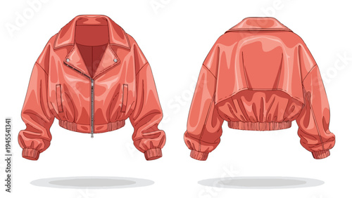 Modern cropped peach bomber jacket illustration presenting detailed front and back views for apparel design