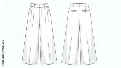Precise technical flat sketch illustrating a pair of wide-leg palazzo trousers, showcasing both front and back views for fashion design development