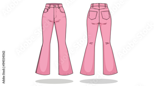 Stylish vector illustration of pink flared trousers, presenting both front and rear views with detailed pocket features, ideal for modern apparel