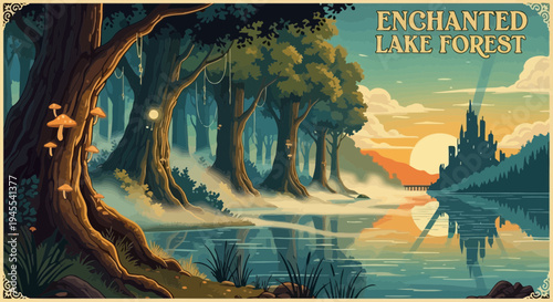 Enchanted Lake Forest Castle Sunset Landscape Pixel Art