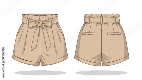Technical fashion illustration of elegant beige paper bag waist shorts with tie belt, displaying front and back views. Essential design template for