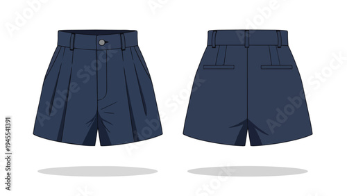 Fashion design blueprint of navy pleated shorts front and back views with detailed features
