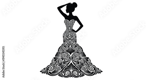 Black silhouette of woman in ornate ball gown vector