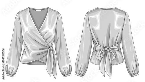 Elegant women's wrap blouse technical illustration with front and back views, featuring long cuffed sleeves and a stylish tie detail design