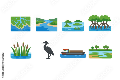 Collection of diverse wetland and river ecosystem icons with a heron and barge