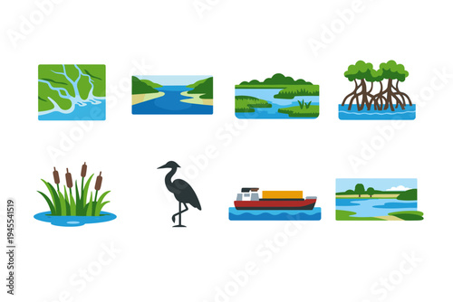 Collection of flat design icons representing various aquatic environments and elements