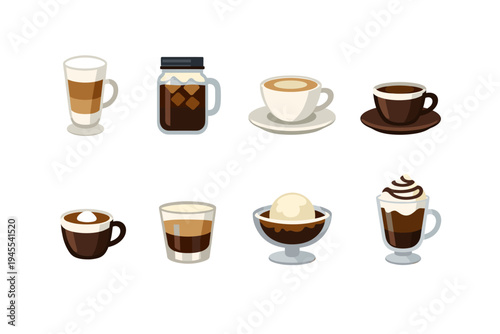Collection of eight different coffee drinks and desserts in flat illustration style