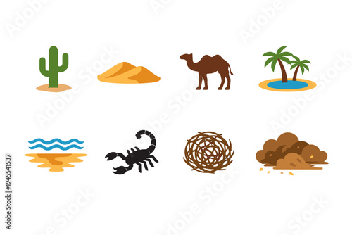 Collection of desert icons including cactus, camel, oasis, scorpion, and sand dunes