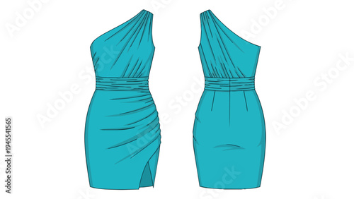 Modern teal one-shoulder ruched mini dress technical sketch front and back view