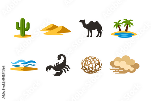 Collection of desert-themed icons including cactus, dunes, camel, oasis, and scorpion