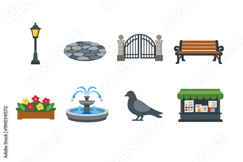 Collection of urban park elements including a lamp post, paving stones, gate, bench, flowers, fountain, pigeon, and kiosk