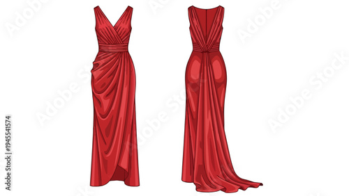 Luxurious Scarlet Evening Gown with Intricate Draping and a Deep V-Neckline, Displaying Both Front and Rear Silhouettes of This Exquisite Formal