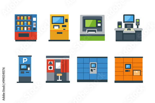 Collection of modern automated service machines and kiosks for convenience and transactions